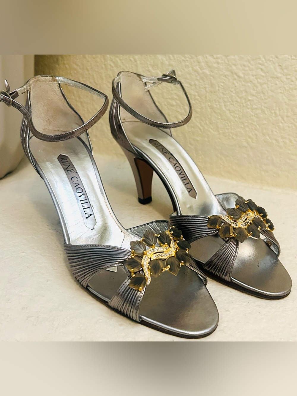 Vtg Rene Caovilla Silver Evening Sandals with Gold Floral stones size 4